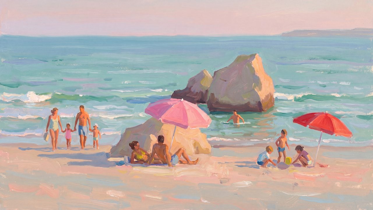 Summer Frame TV Art, Coastal Beach Oil Painting (Families on Sunny Beach)