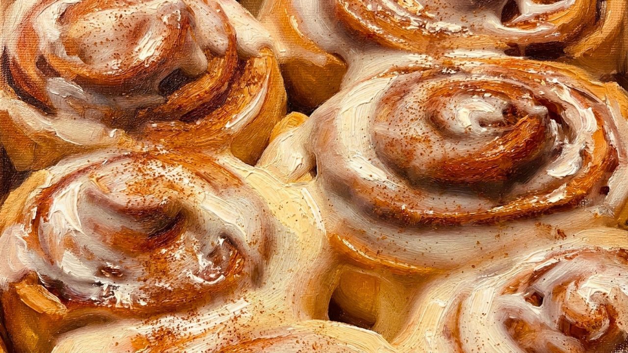 Fall Frame TV Art, Vintage Autumn Oil Painting (Cinnamon Rolls Close Up)