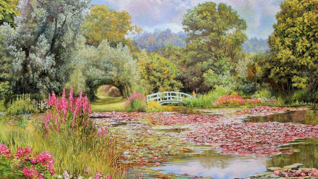 Spring Frame TV Art, Vintage Floral Landscape Oil Painting (Garden Pond with Footbridge)