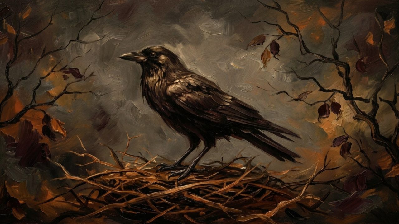 Fall Frame TV Art, Vintage Autumn Oil Painting (Crow in Twig Nest)