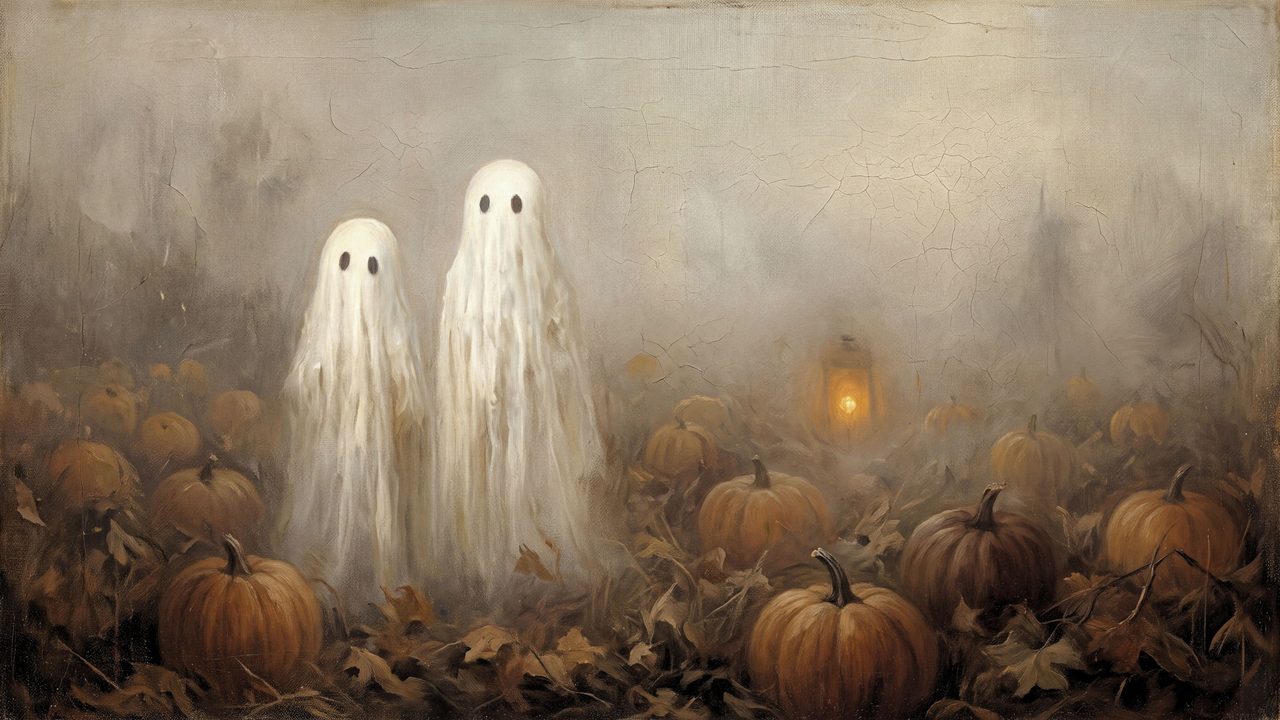 Halloween Frame TV Art, Vintage Moody Oil Painting (Ghosts in Pumpkin Field)