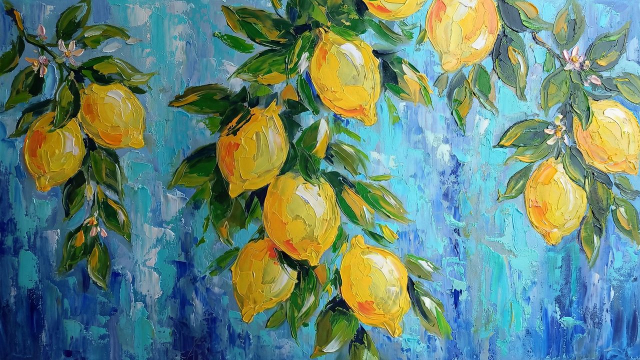 Spring Frame TV Art, Vintage Floral Landscape Oil Painting (Lemons on Blue Background)