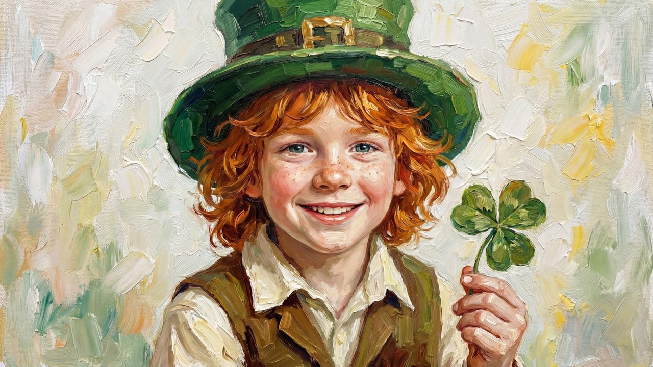 St. Patrick's Day Frame TV Art, Irish Clover Oil Painting (Red-Haired Boy with Shamrock)