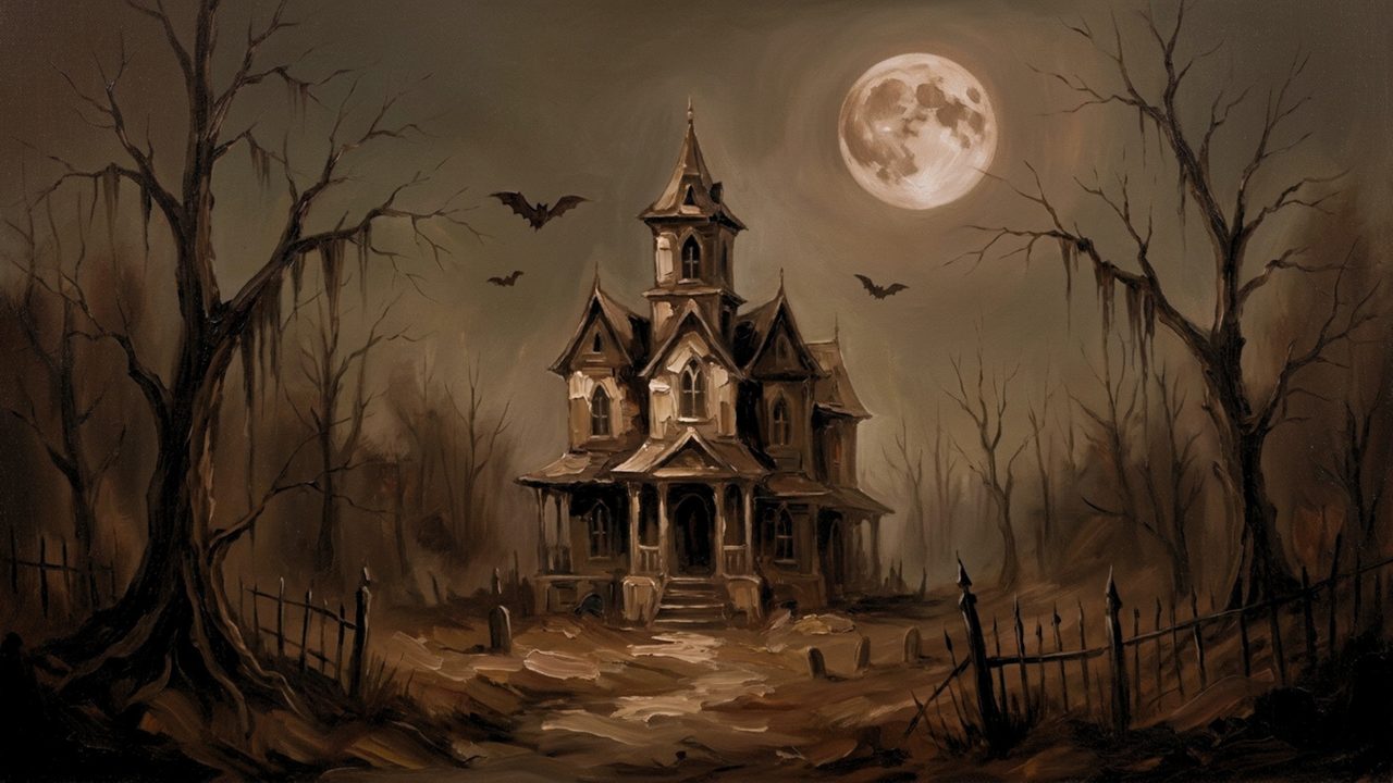 Fall Frame TV Art, Vintage Autumn Oil Painting (Haunted Mansion Under Moon)