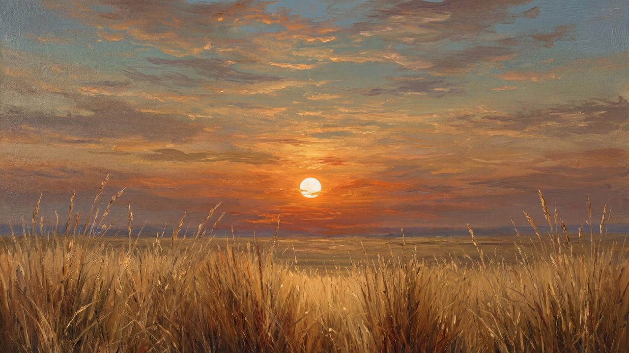 Fall Frame TV Art, Vintage Autumn Oil Painting (Sunset over Golden Field)