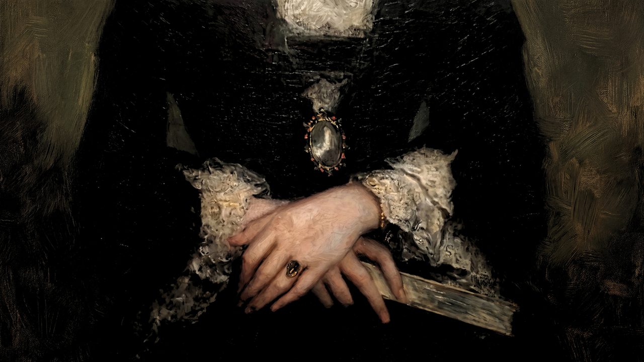 Dark Academia Frame TV Art, Moody Vintage Oil Painting (Folded Hands with Lace Cuffs)