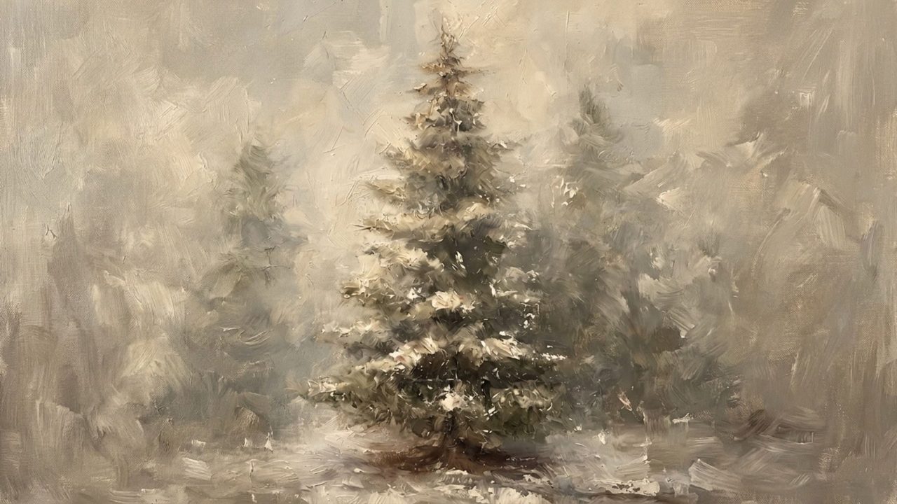 Christmas Frame TV Art, Vintage Holiday Oil Painting (Snowy Pine Trees)
