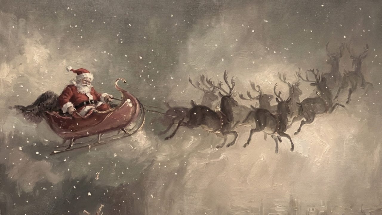 Christmas Frame TV Art, Vintage Holiday Oil Painting (Santa Sleigh in Stormy Sky)
