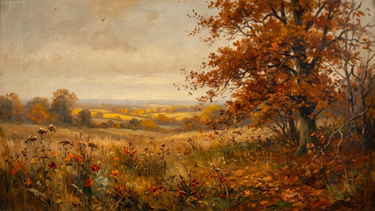 Fall Frame TV Art, Vintage Autumn Oil Painting (Autumn Meadow with Oak)