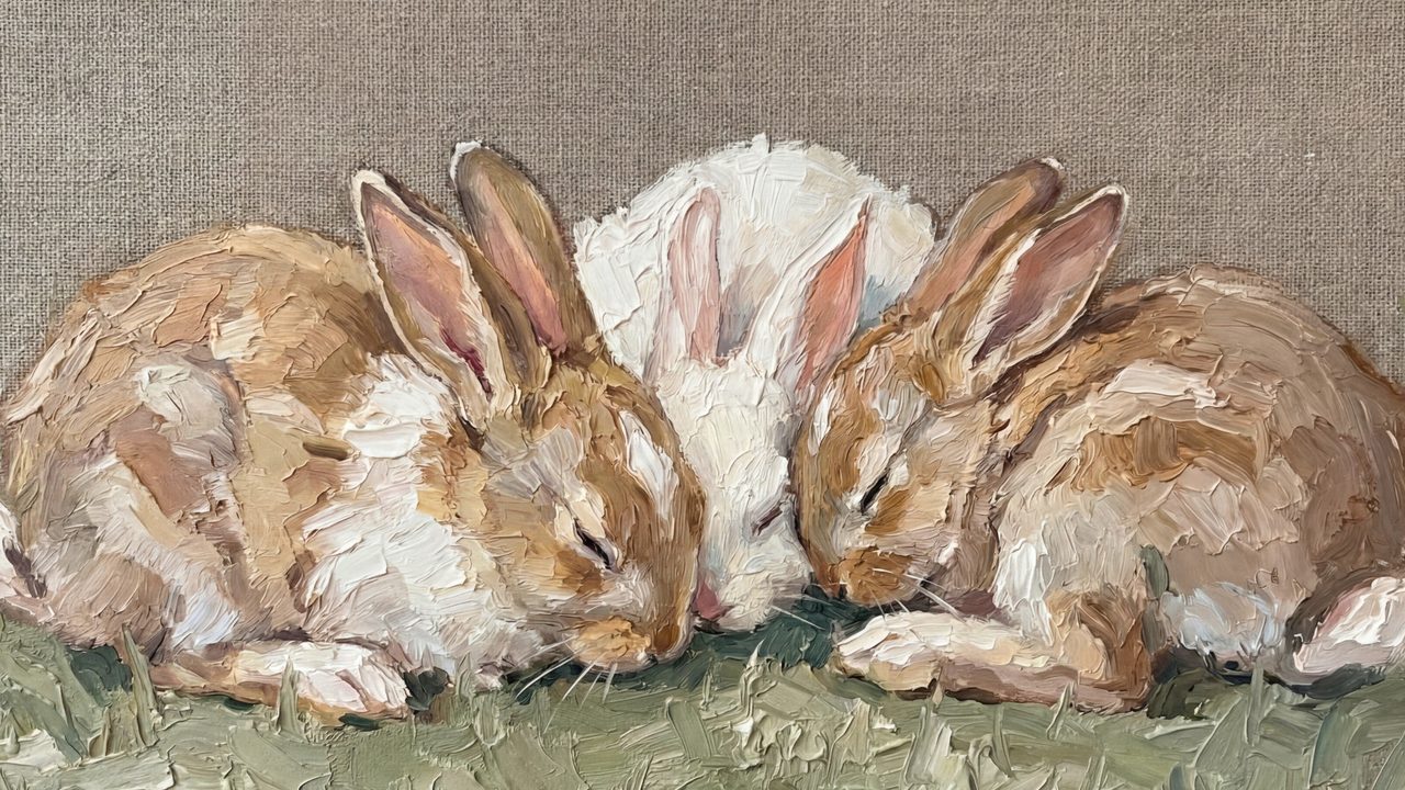 Easter Frame TV Art, Pastel Spring Oil Painting (Three Sleeping Bunnies)