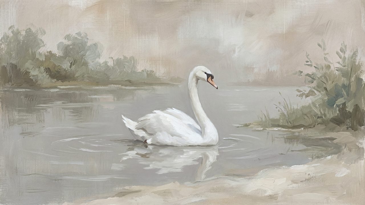 Vintage Frame TV Art, Antique Landscape Oil Painting (White Swan on Lake)