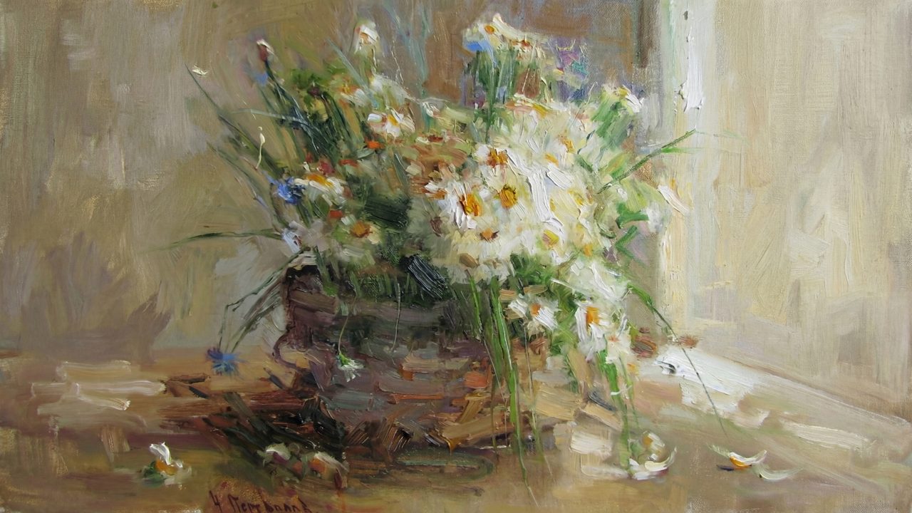 Vintage Frame TV Art, Antique Landscape Oil Painting (Daisies in Wicker Basket)