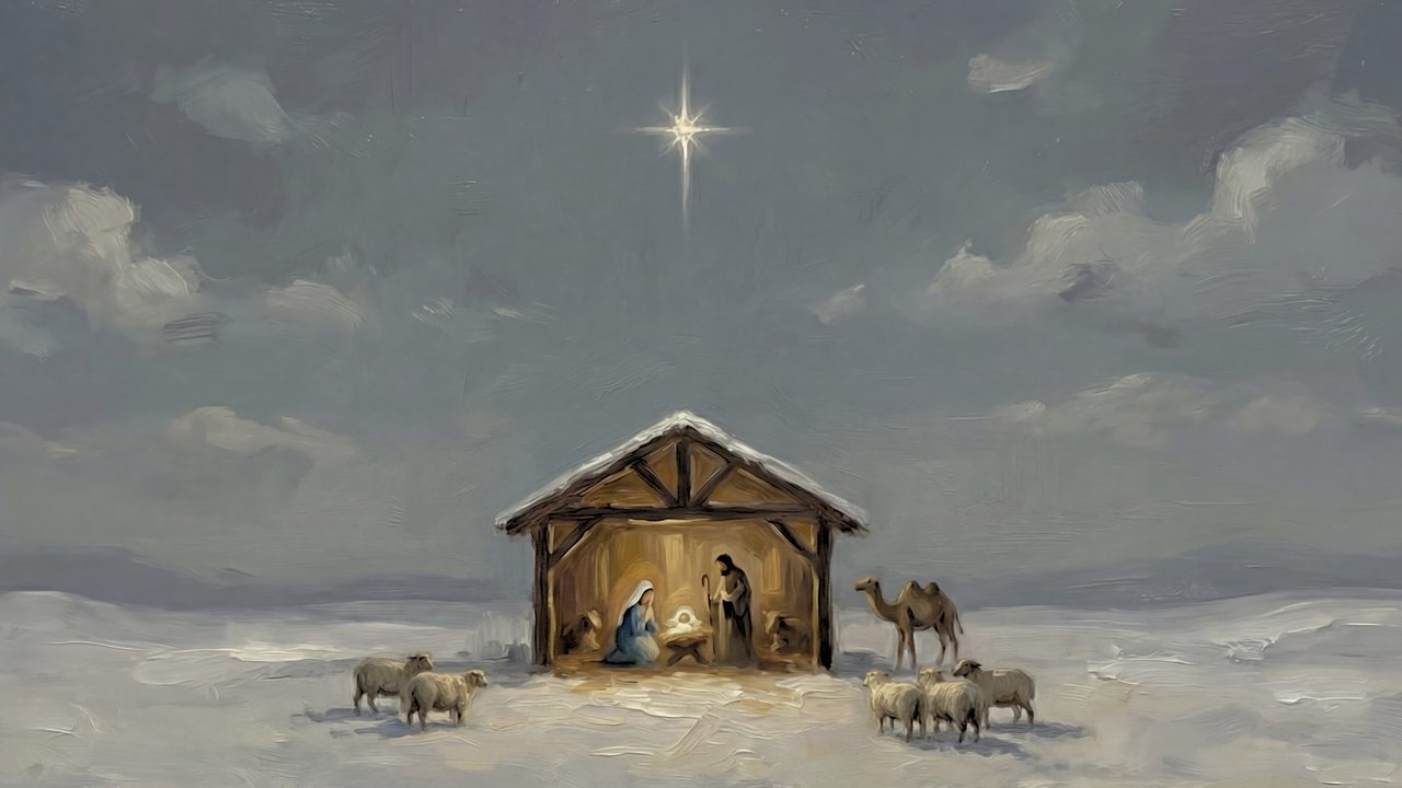 Christmas Frame TV Art, Vintage Holiday Oil Painting (Nativity Stable Under Star)
