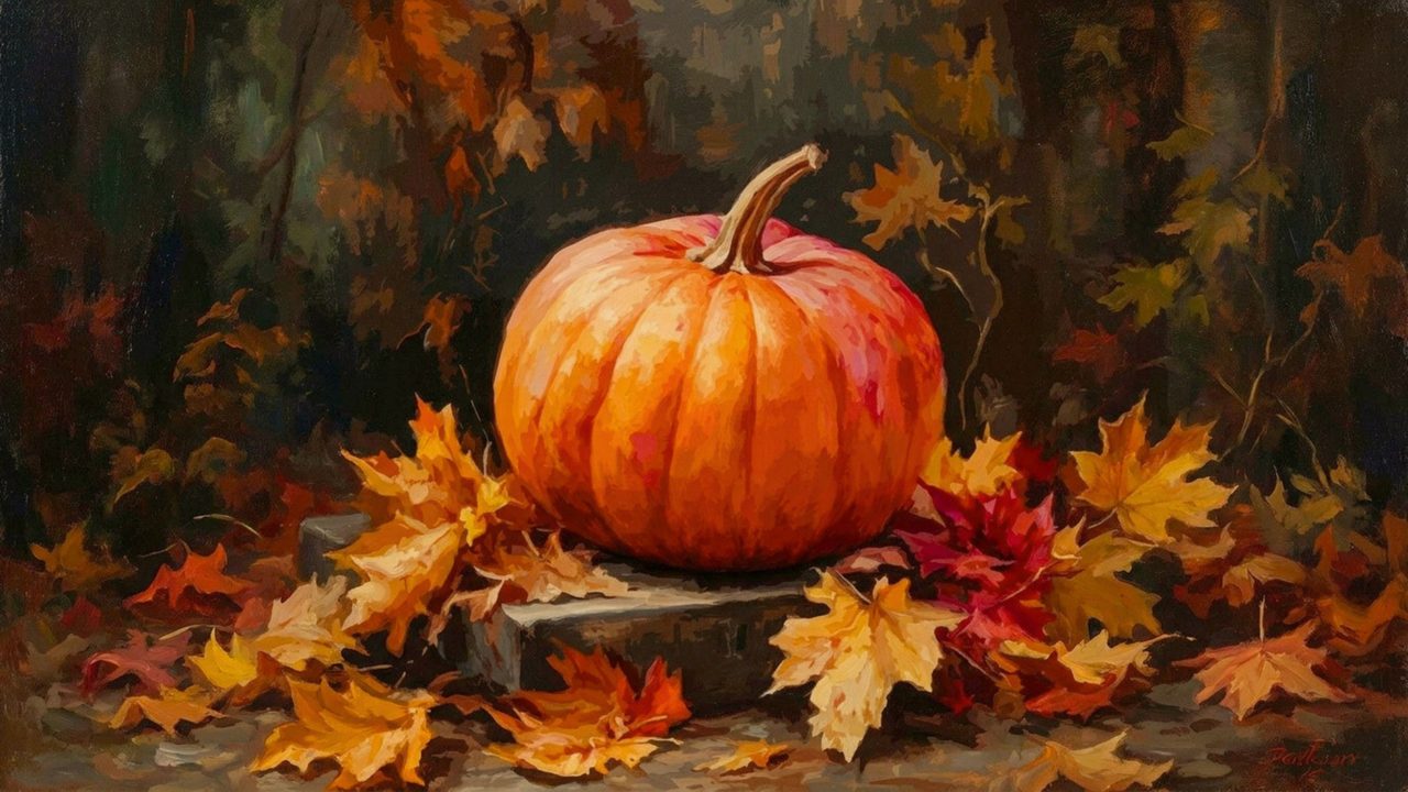 Fall Frame TV Art, Vintage Autumn Oil Painting (Pumpkin on Maple Leaves)