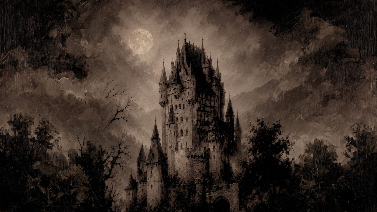 Fall Frame TV Art, Vintage Autumn Oil Painting (Gothic Castle at Night)