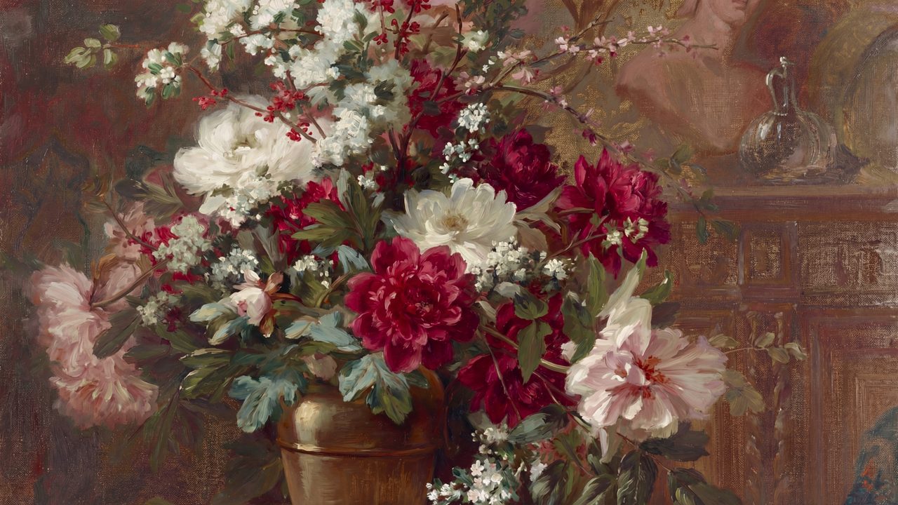 Valentine Frame TV Art, Romantic Vintage Oil Painting (Red and White Floral Bouquet)