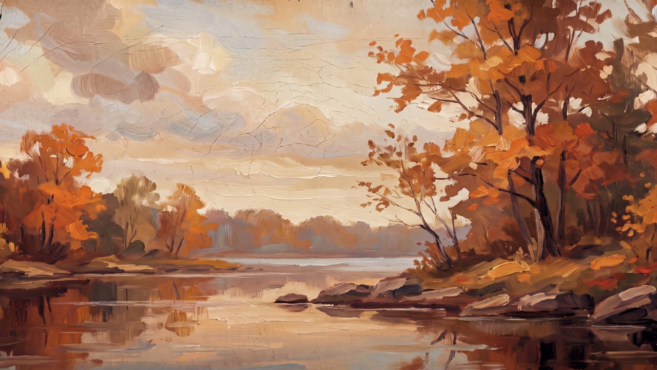 Fall Frame TV Art, Vintage Autumn Oil Painting (Autumn Trees by River)