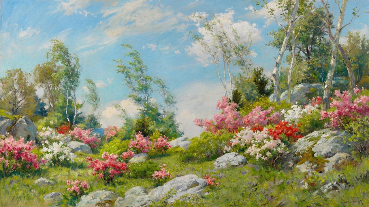 Spring Frame TV Art, Vintage Floral Landscape Oil Painting (Flowering Rocky Hillside)