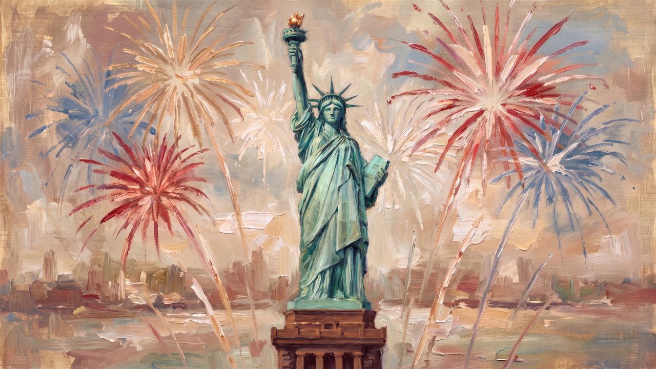 4th of July Frame TV Art, Patriotic American Oil Painting (Statue of Liberty with Fireworks 2)