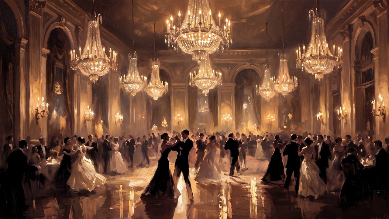 New Year Frame TV Art, Festive Celebration TV Background (Ballroom with Chandeliers)