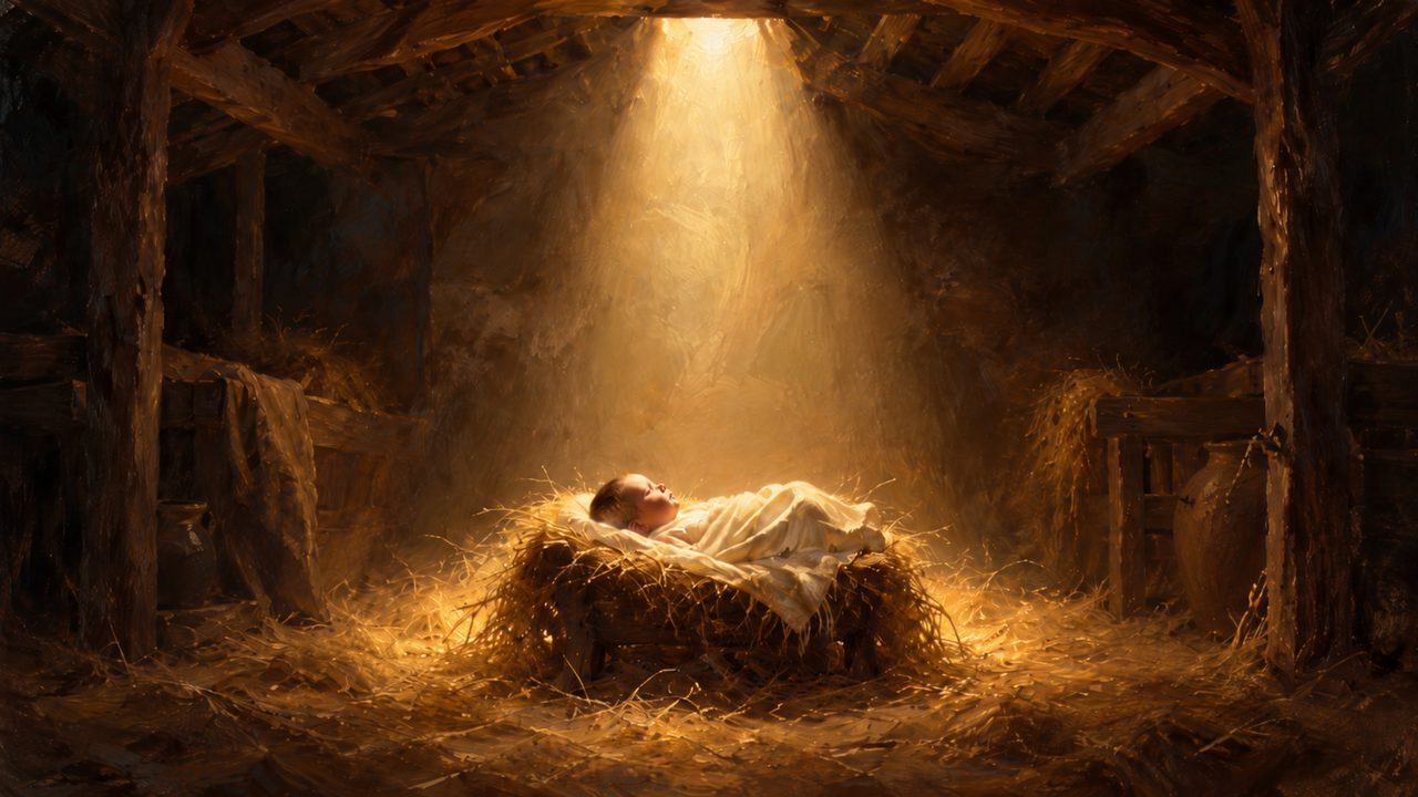 Christian Frame TV Art, Jesus Religious Oil Painting (Manger in Beam of Light)