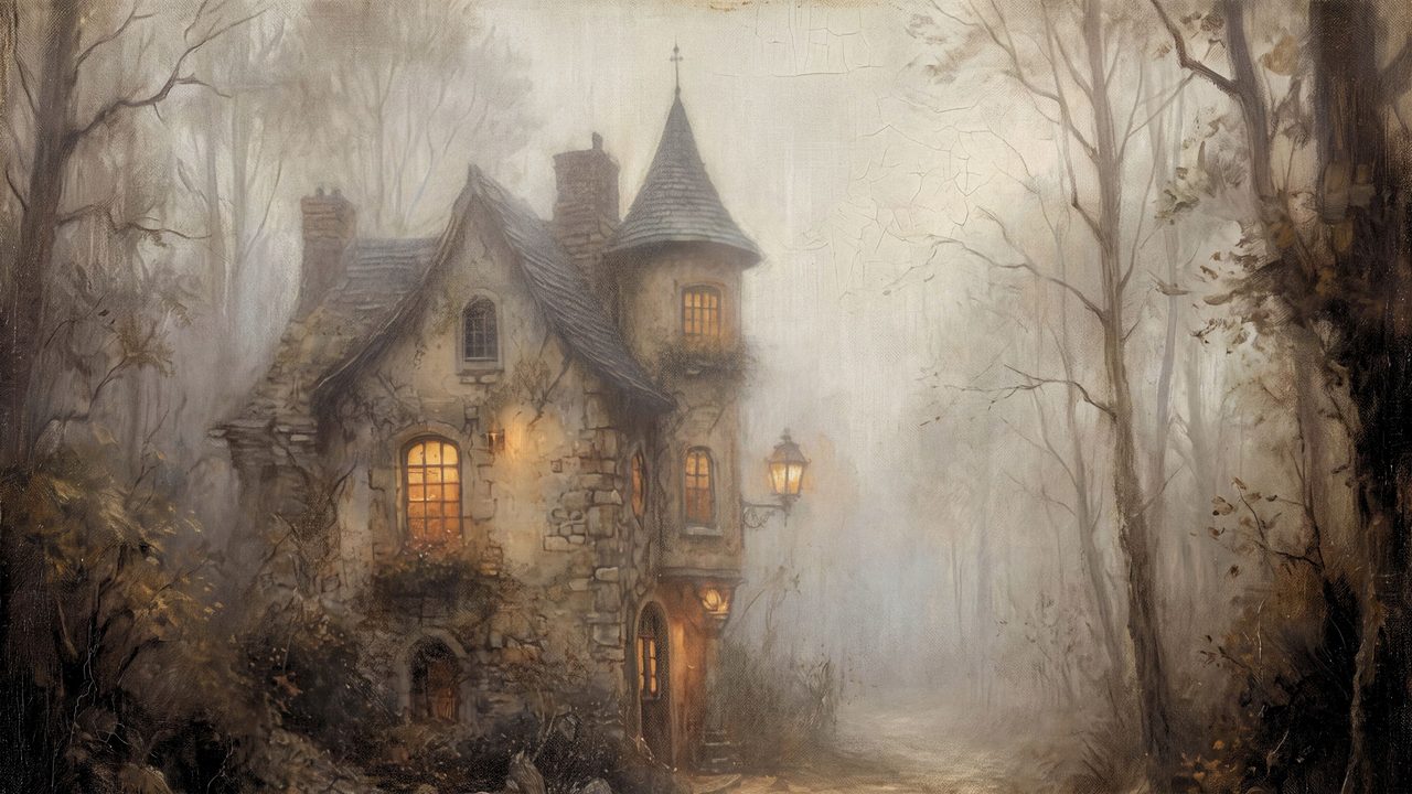 Halloween Frame TV Art, Vintage Moody Oil Painting (Stone Cottage in Misty Woods)