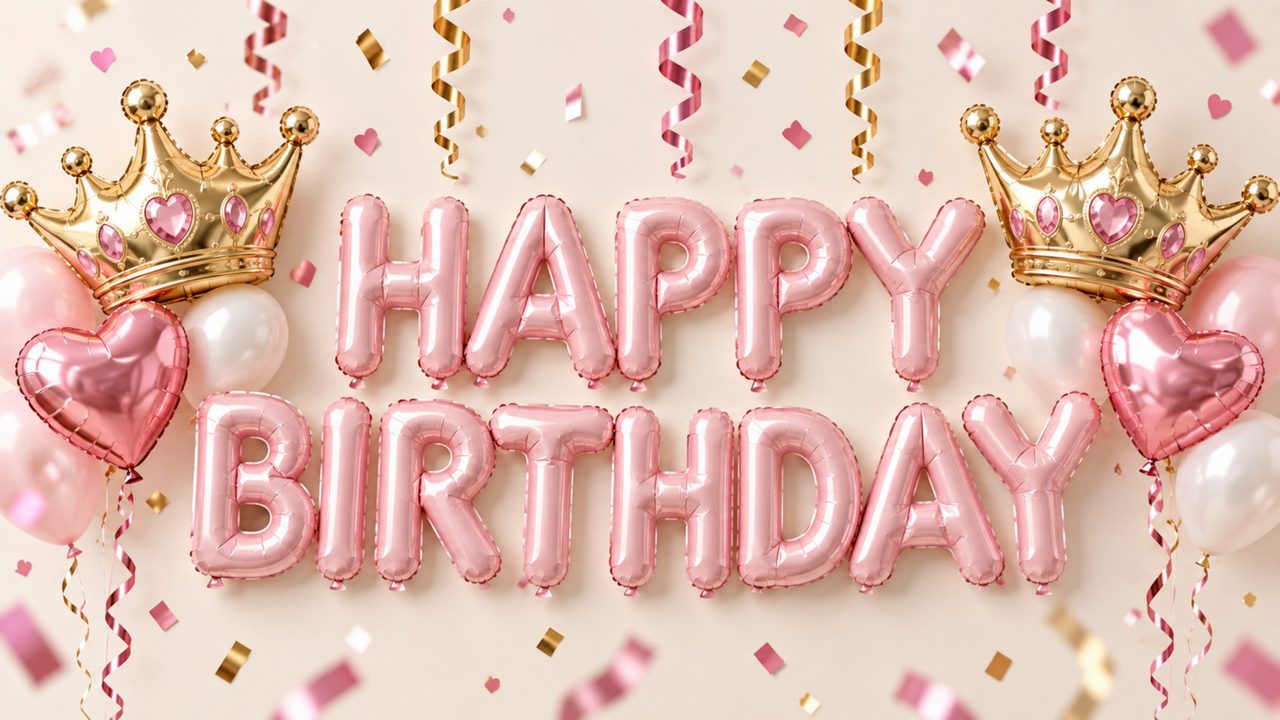 Happy Birthday Frame TV Art, Colorful Party TV Background (Pink Birthday with Crowns)