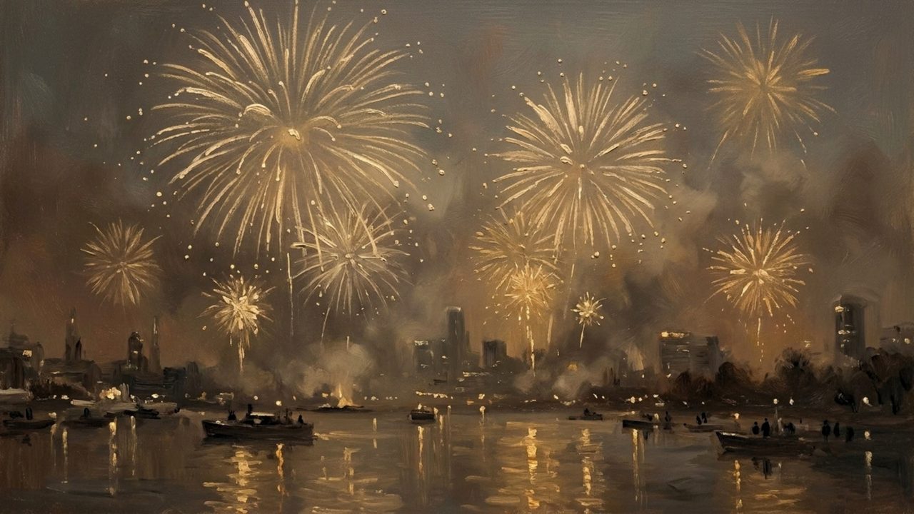 New Year Frame TV Art, Festive Celebration TV Background (Gold Fireworks over Harbor)