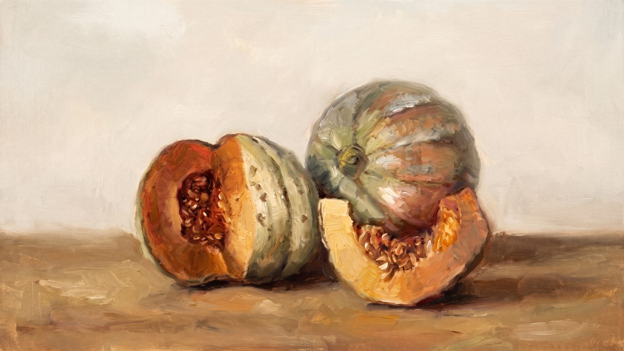 Fall Frame TV Art, Vintage Autumn Oil Painting (Halved Squash)
