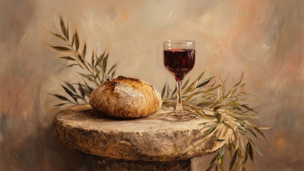 Christian Frame TV Art, Jesus Religious Oil Painting (Bread and Wine with Olive)
