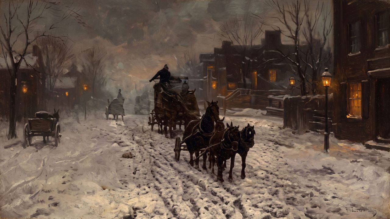 Christmas Frame TV Art, Vintage Holiday Oil Painting (Horse Carriages on Snowy Street)