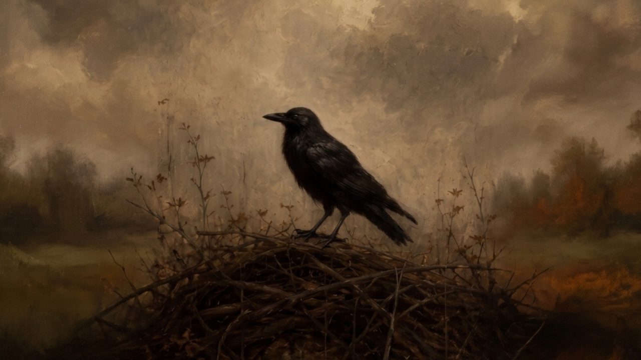Fall Frame TV Art, Vintage Autumn Oil Painting (Crow on Nest in Field)