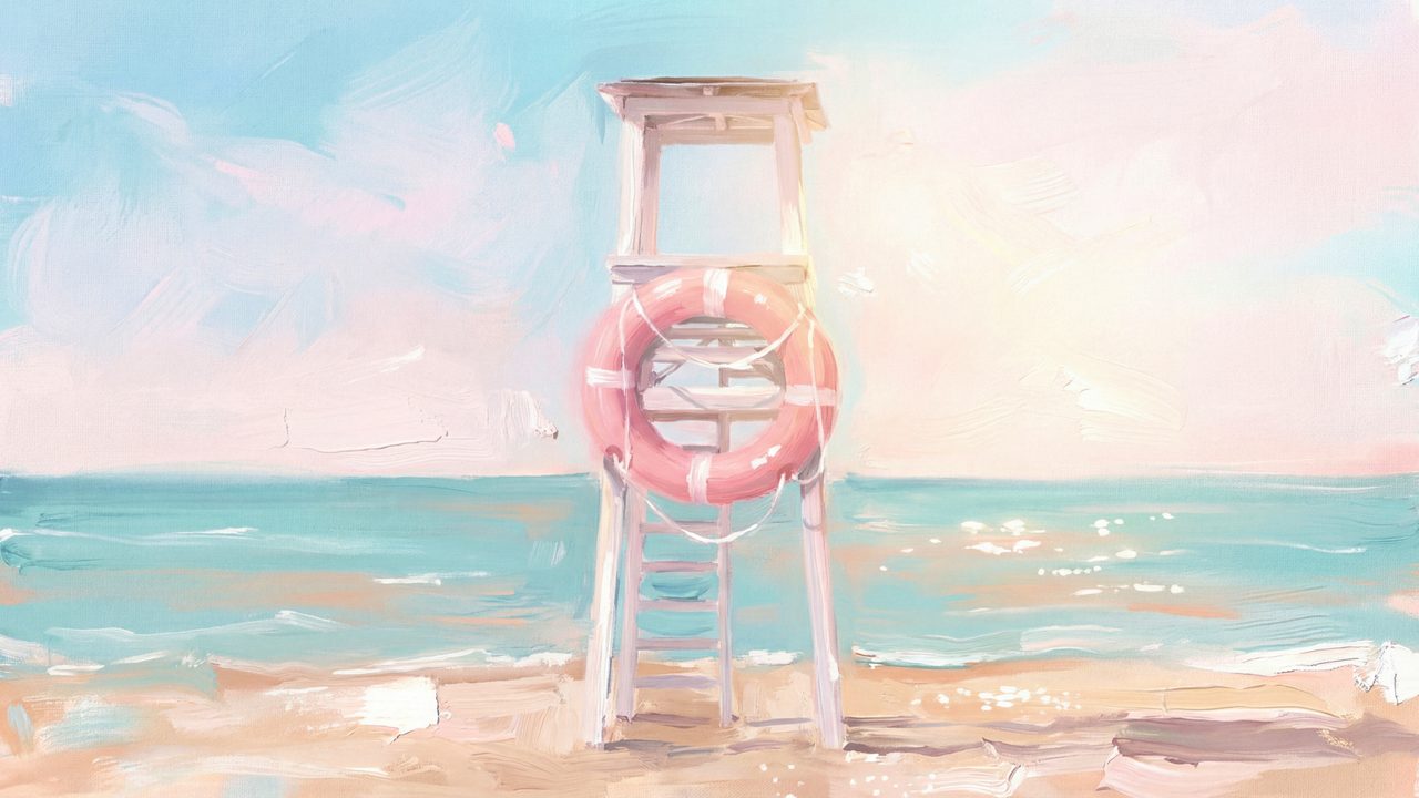Summer Frame TV Art, Coastal Beach Oil Painting (Lifeguard Chair on Beach)