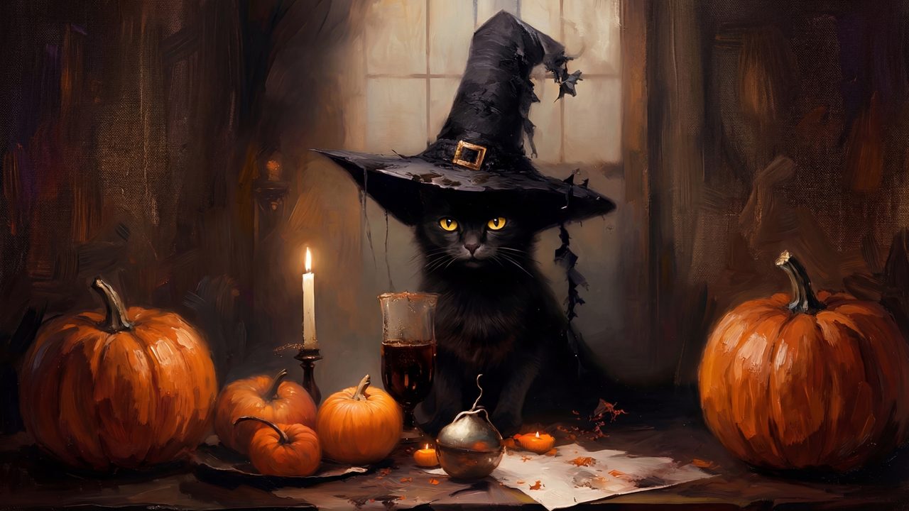 Halloween Frame TV Art, Vintage Moody Oil Painting (Black Cat in Witch Hat 2)