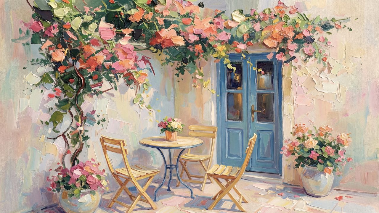 Spring Frame TV Art, Vintage Floral Landscape Oil Painting (Flowered Patio with Blue Door)