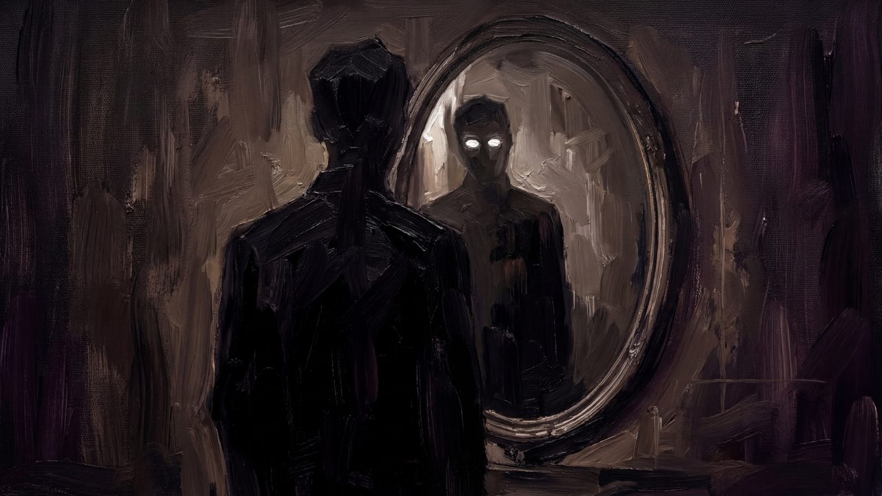 Halloween Frame TV Art, Vintage Moody Oil Painting (Man Facing Shadow in Mirror 2)