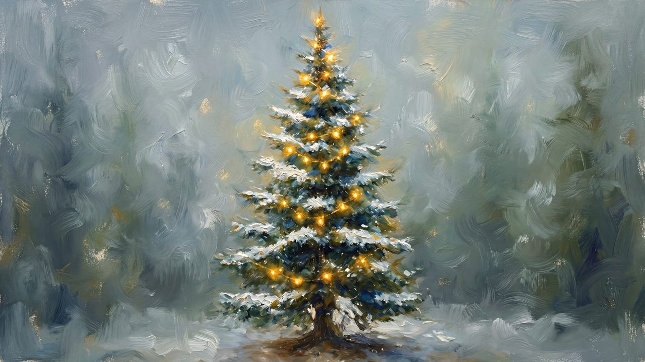 Christmas Frame TV Art, Vintage Holiday Oil Painting (Glowing Christmas Tree)