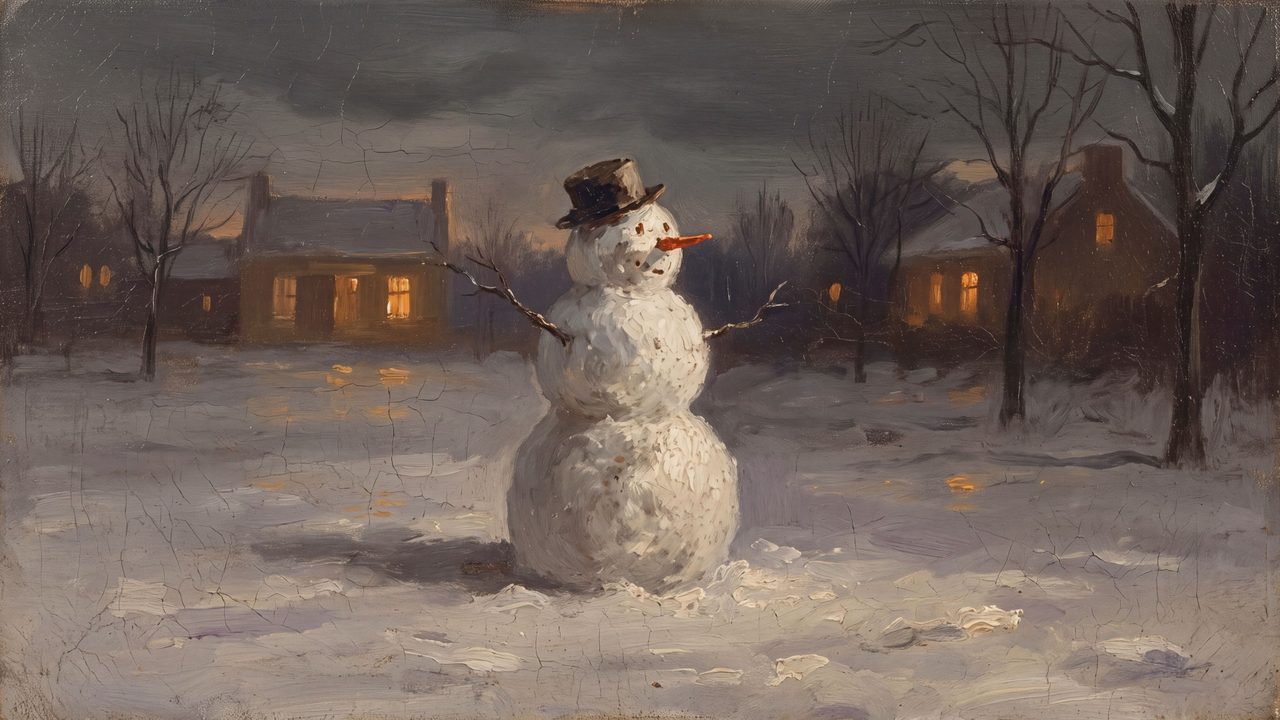 Christmas Frame TV Art, Vintage Holiday Oil Painting (Snowman at Night)