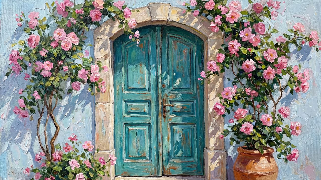 Spring Frame TV Art, Vintage Floral Landscape Oil Painting (Teal Door with Climbing Roses)