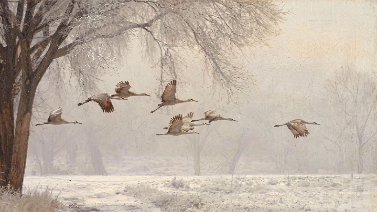 Christmas Frame TV Art, Vintage Holiday Oil Painting (Cranes Flying over Snow)
