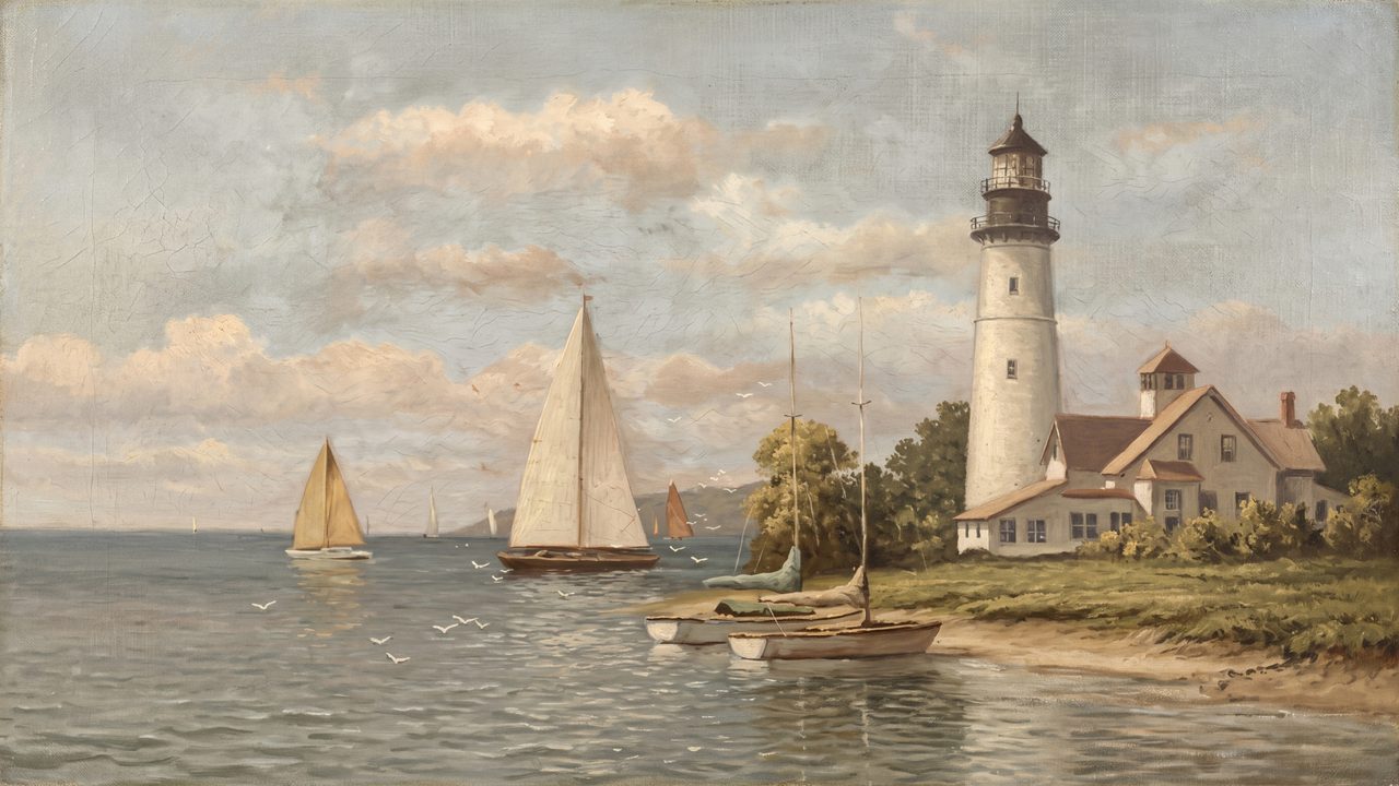 Nautical Frame TV Art, Coastal Oil Painting (Lighthouse with Sailboats)