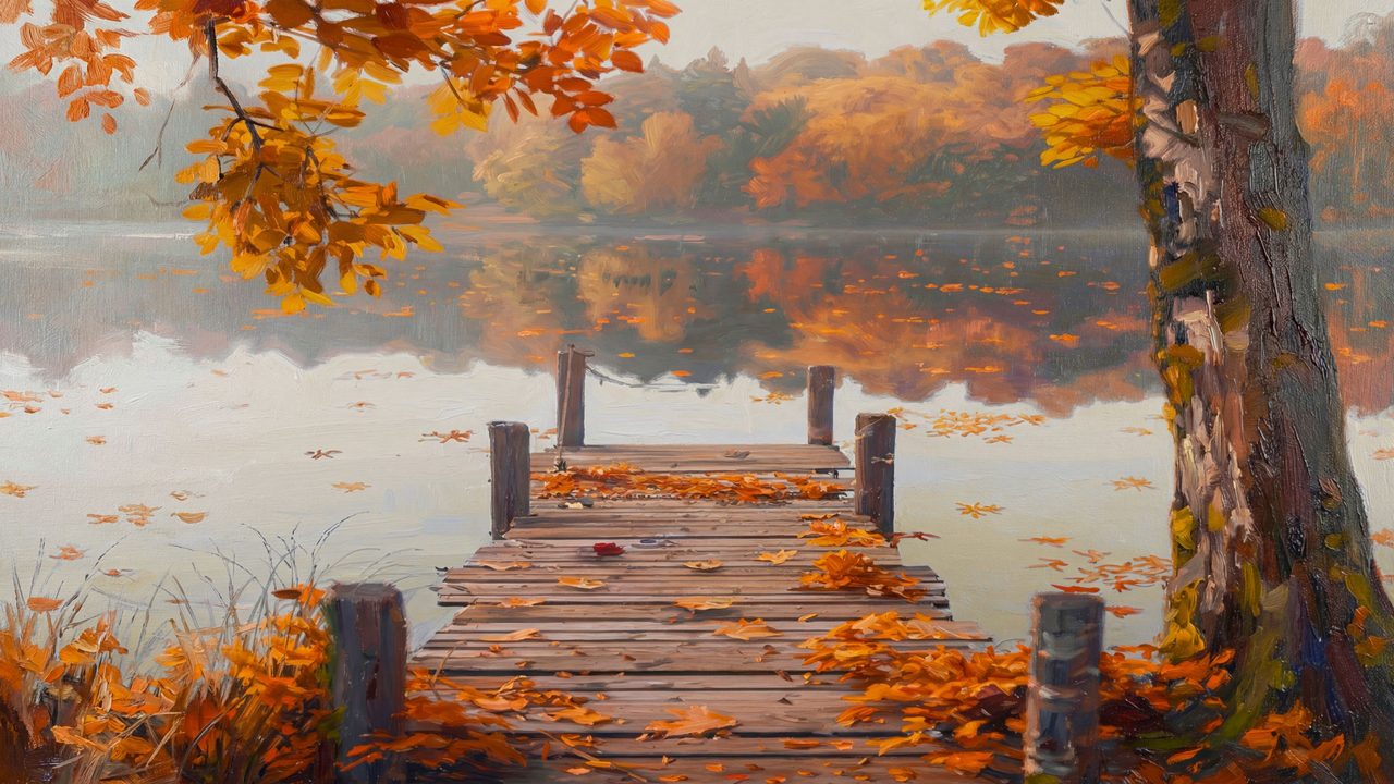 Fall Frame TV Art, Vintage Autumn Oil Painting (Wooden Dock on Autumn Lake)