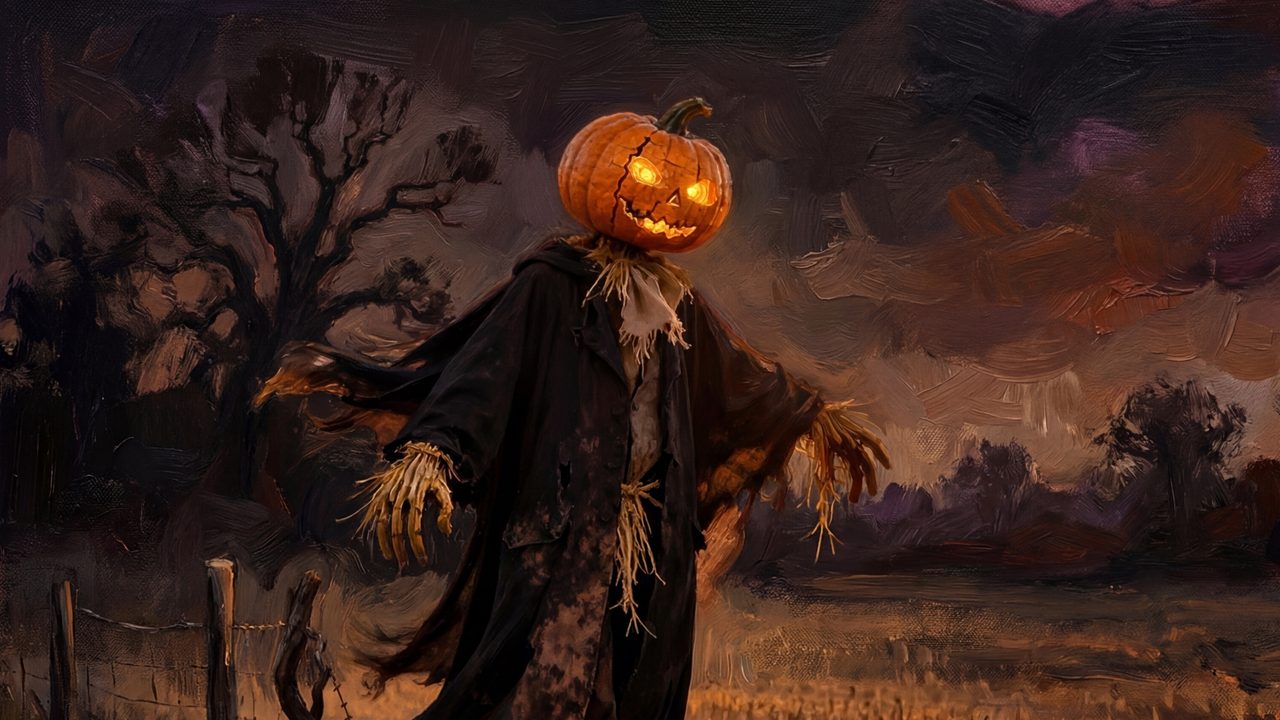 Halloween Frame TV Art, Vintage Moody Oil Painting (Scarecrow with Jack-o-Lantern Head)