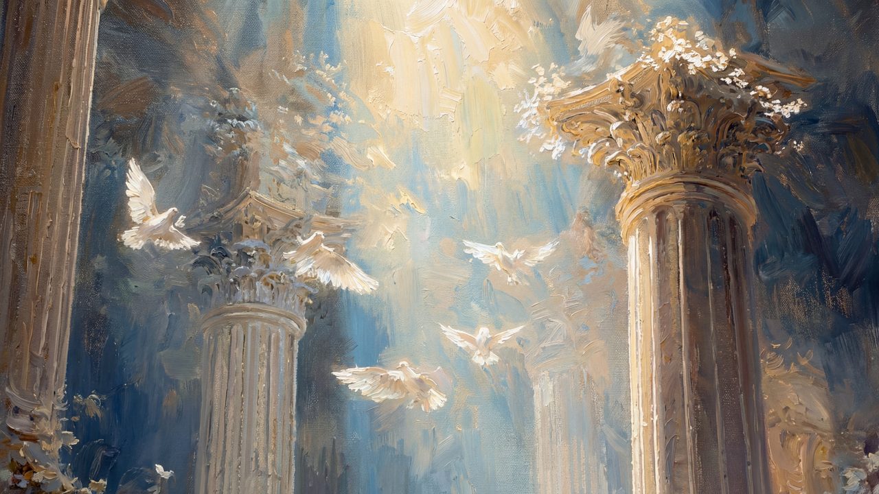 Christian Frame TV Art, Jesus Religious Oil Painting (Doves in Light Between Columns)