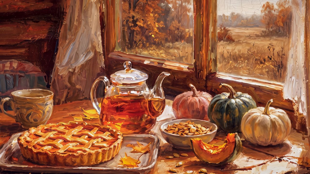 Fall Frame TV Art, Vintage Autumn Oil Painting (Pie and Tea by Window)