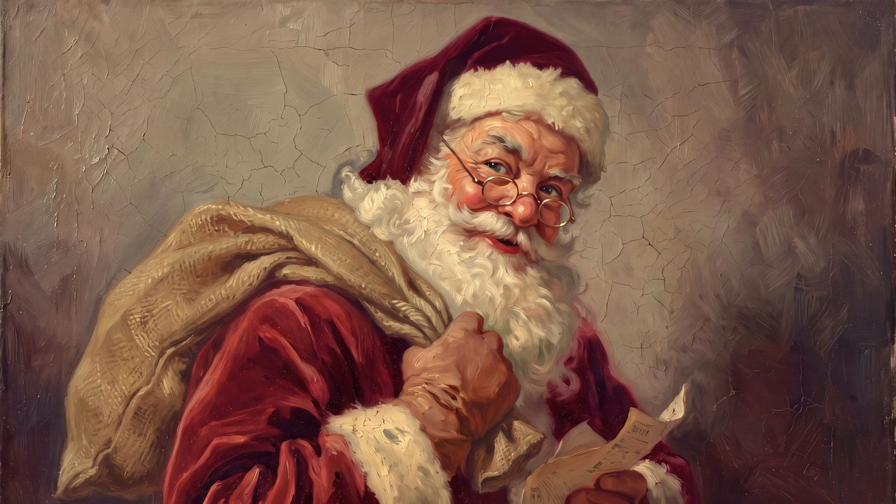 Christmas Frame TV Art, Vintage Holiday Oil Painting (Santa with Toy Sack)