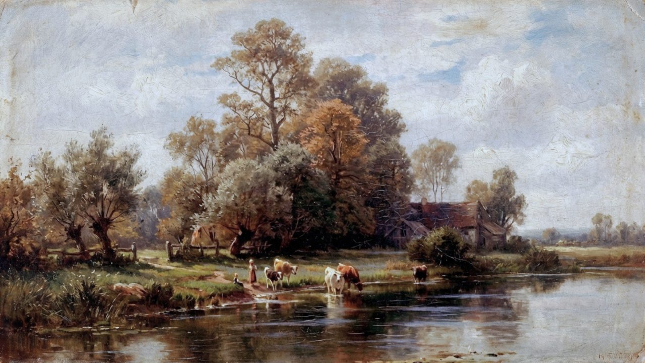 Vintage Frame TV Art, Antique Landscape Oil Painting (Cows Drinking by River)
