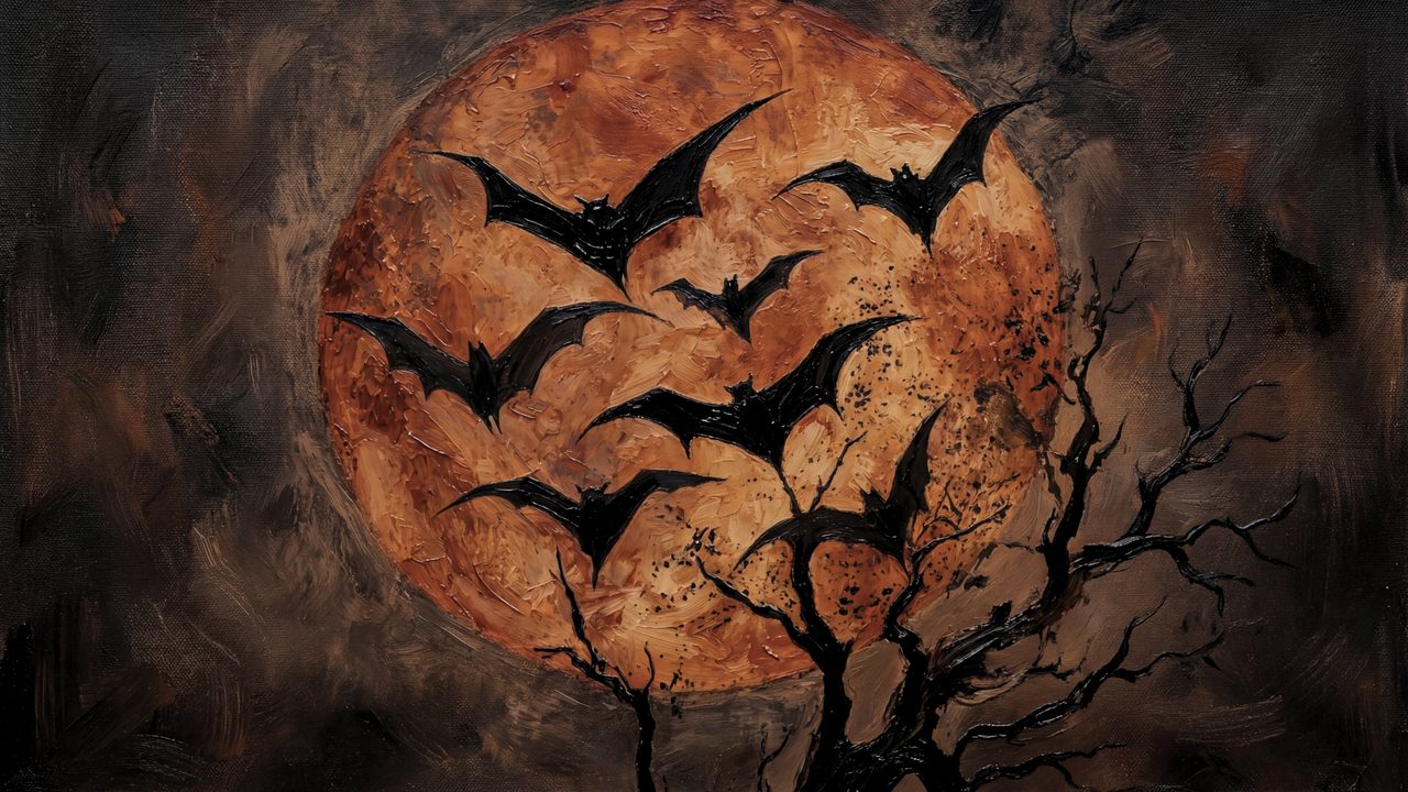 Fall Frame TV Art, Vintage Autumn Oil Painting (Bats Across Orange Moon)