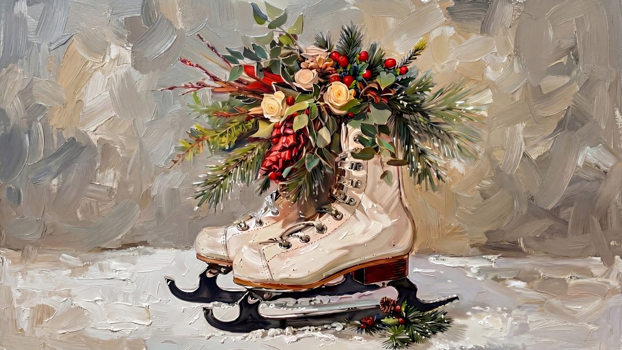 Christmas Frame TV Art, Vintage Holiday Oil Painting (Ice Skates with Flowers)