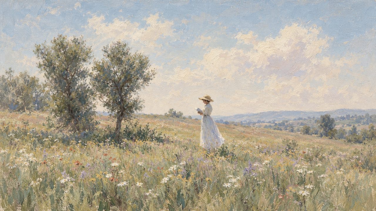 Summer Frame TV Art, Coastal Beach Oil Painting (Woman in White in Meadow)